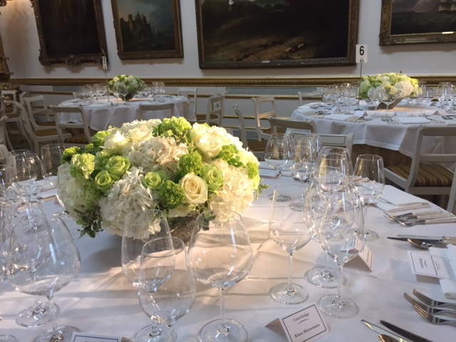 Petal to the Metal event flowers - Massed white Hydrangea with white roses and green roses and guilder rose